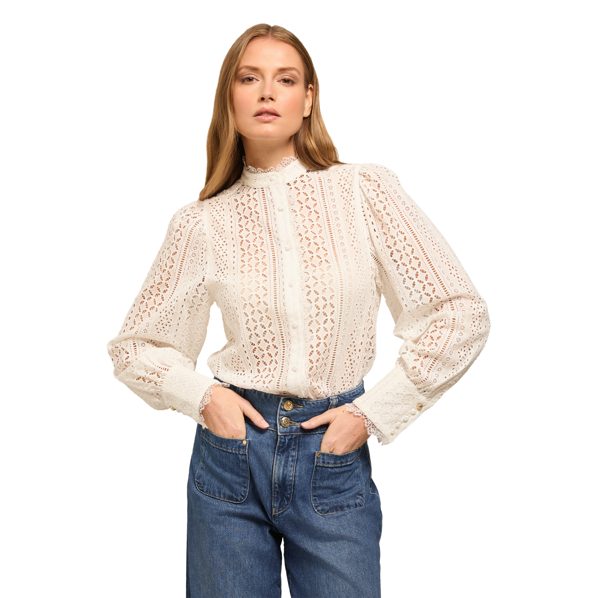 Collarless Broderie Shirt White