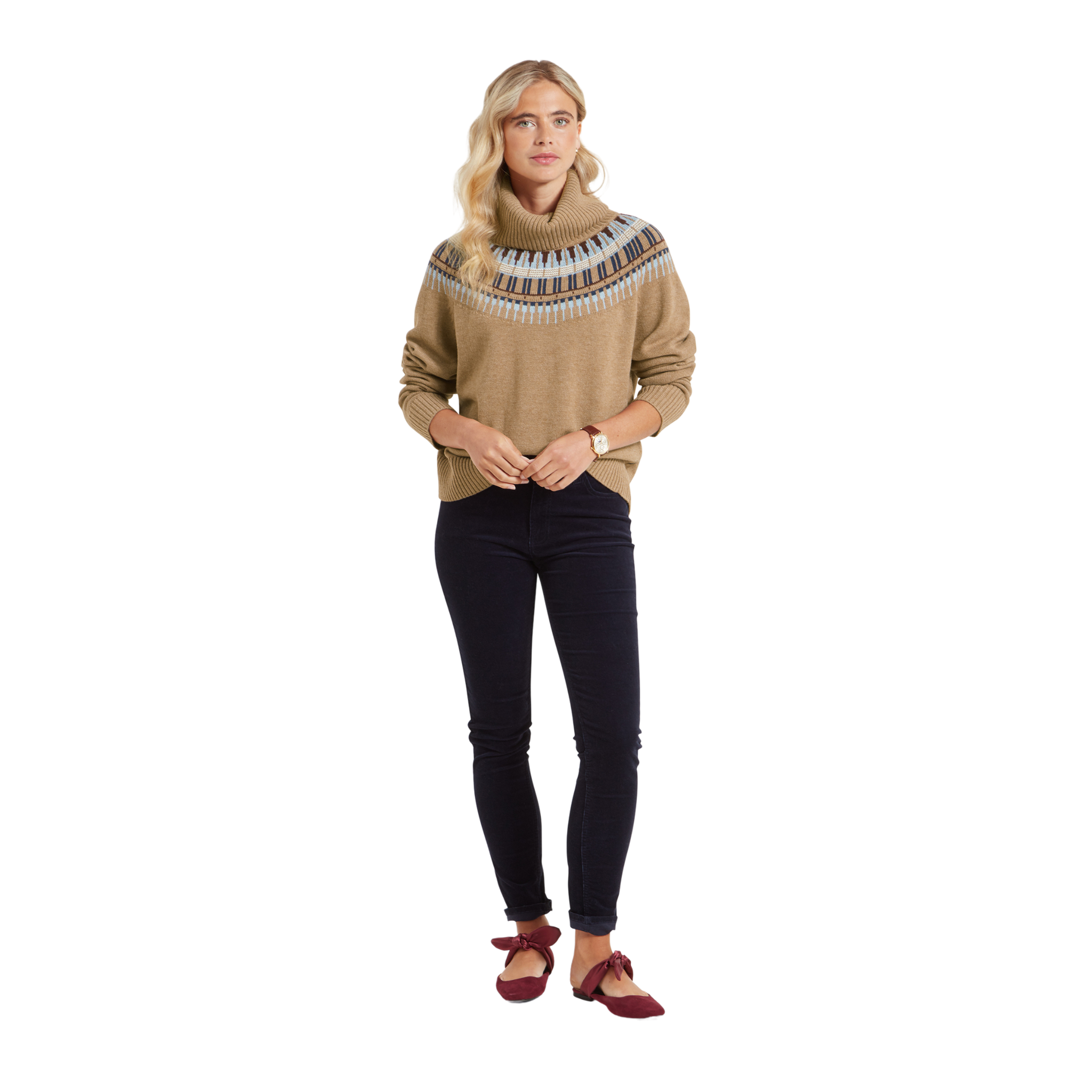 Filey Fairisle Roll Neck Jumper Warm Sand