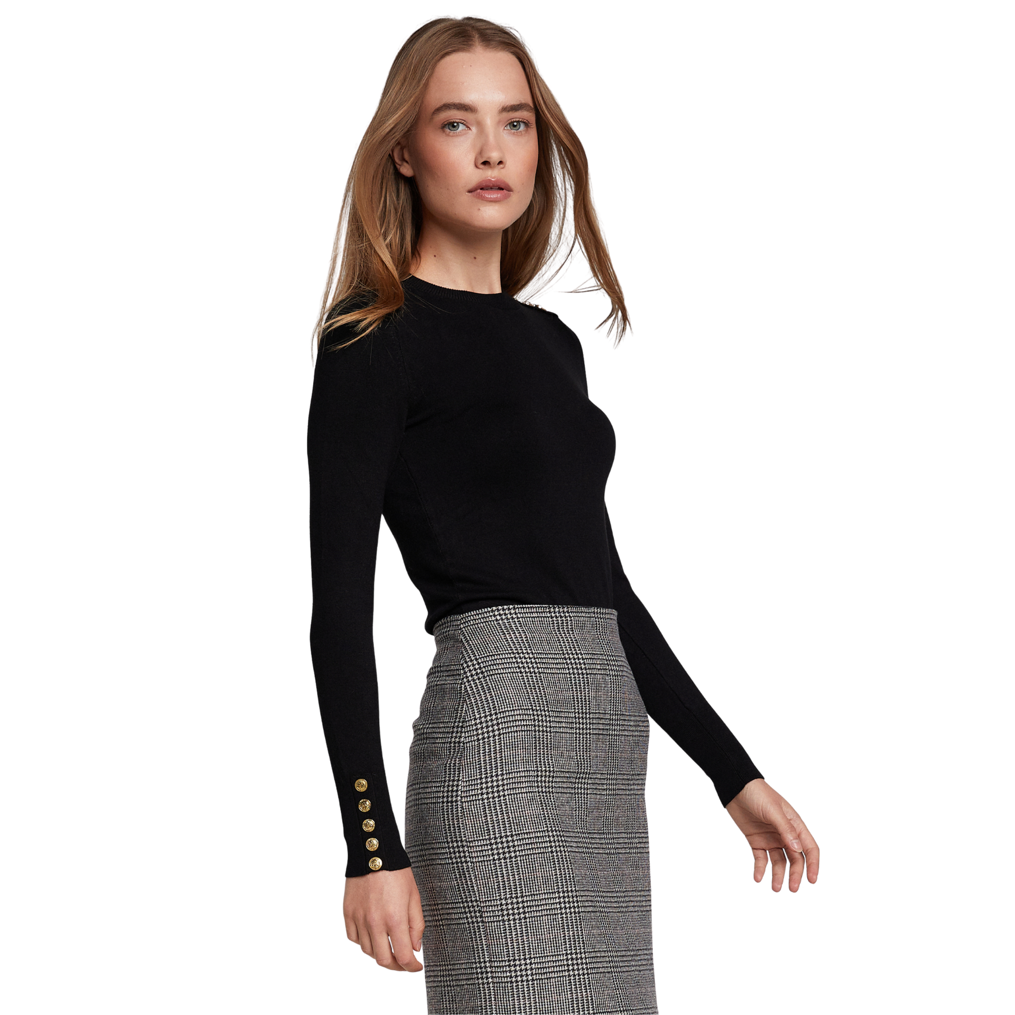 Buttoned Knit Crew Neck Black