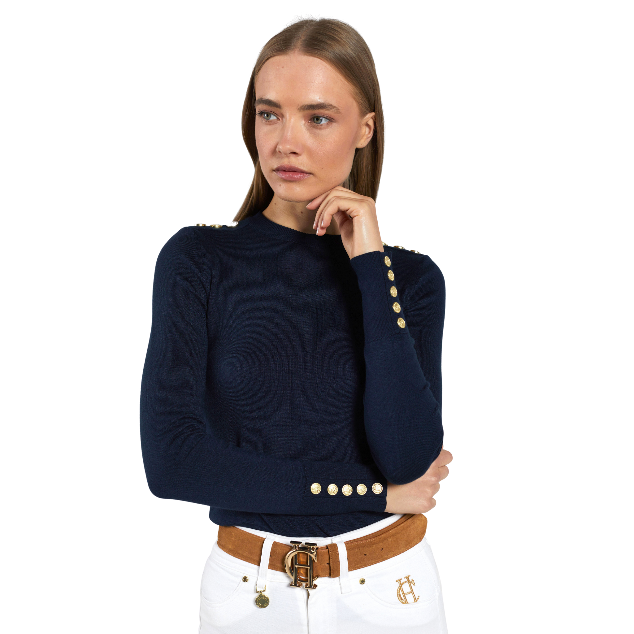 Buttoned Knit Crew Neck Ink Navy