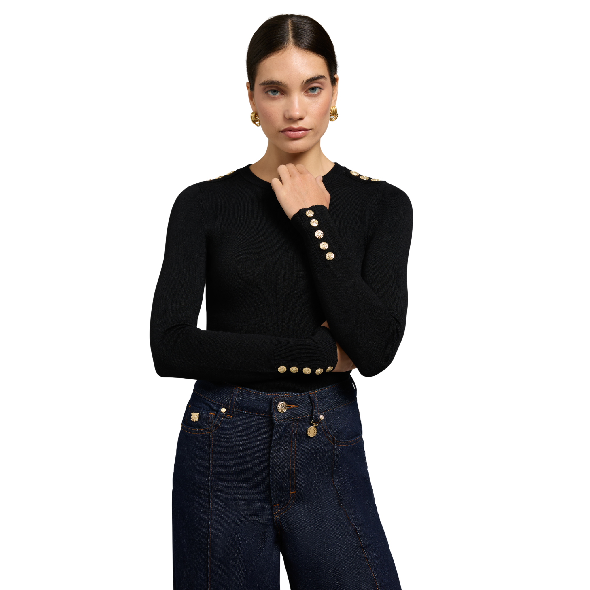 Buttoned Knit Crew Neck Black