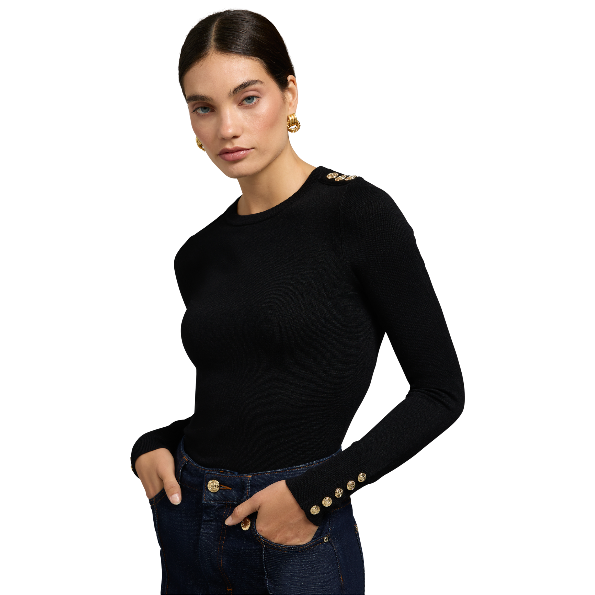 Buttoned Knit Crew Neck Black