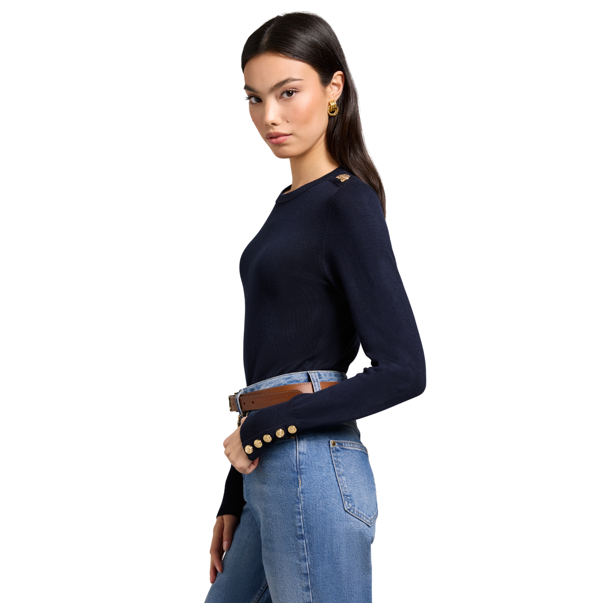 Buttoned Knit Crew Neck Ink Navy