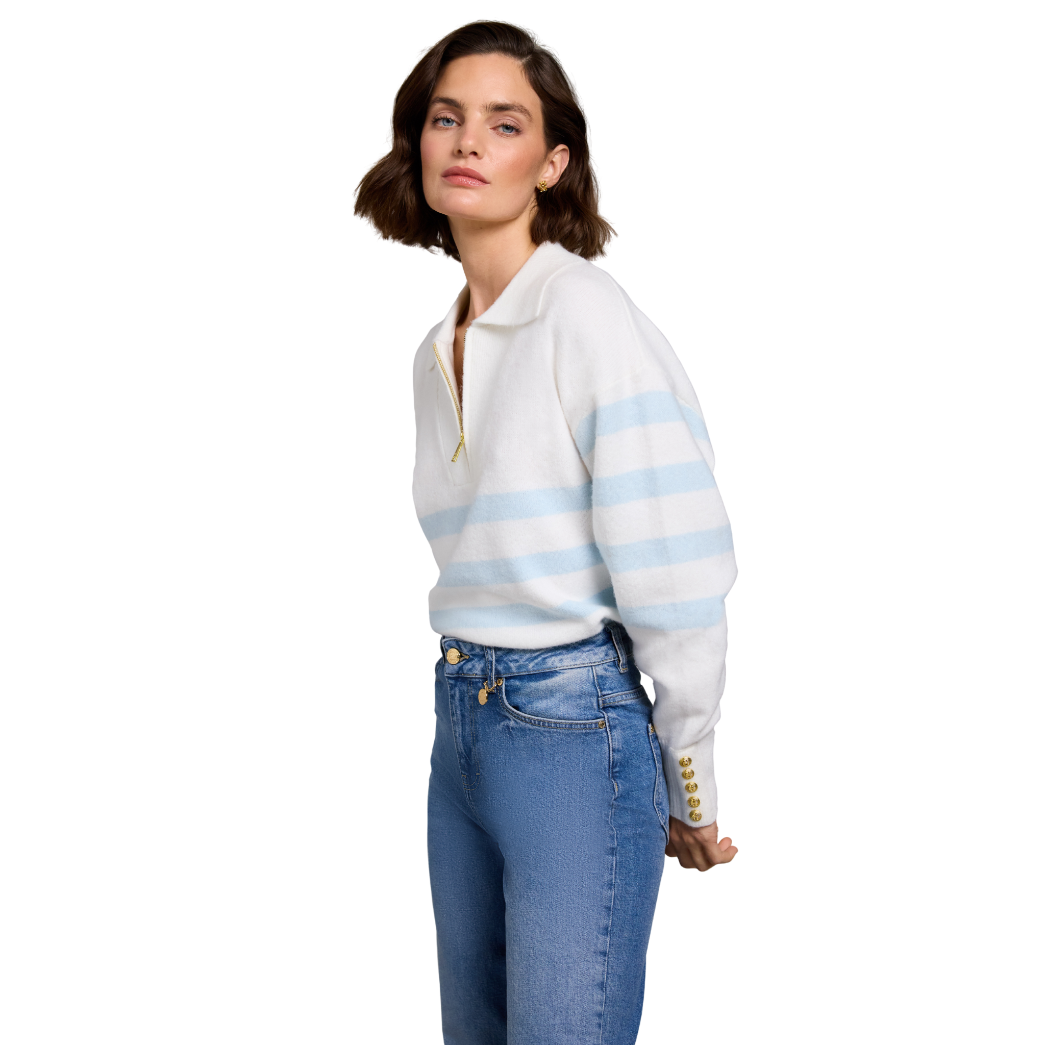 Lydia Quarter Zip Knit Natural Powder Blue
