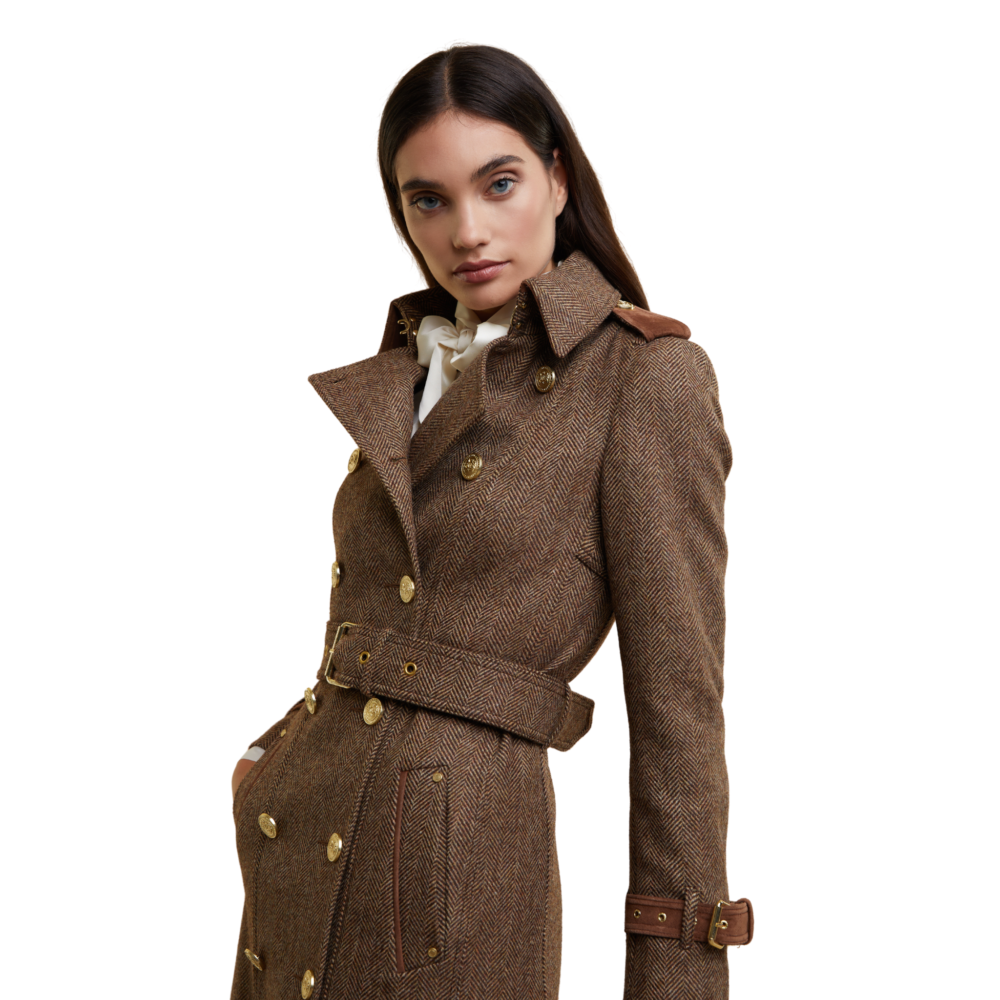 Full Length Marlborough Trench Coat Large Scale Brown Herringbone