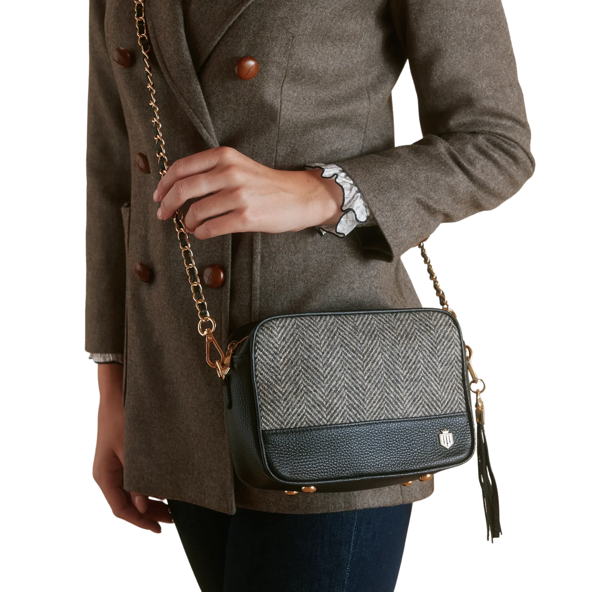 Finsbury Cross Body Bag Herringbone &amp; Black Leather