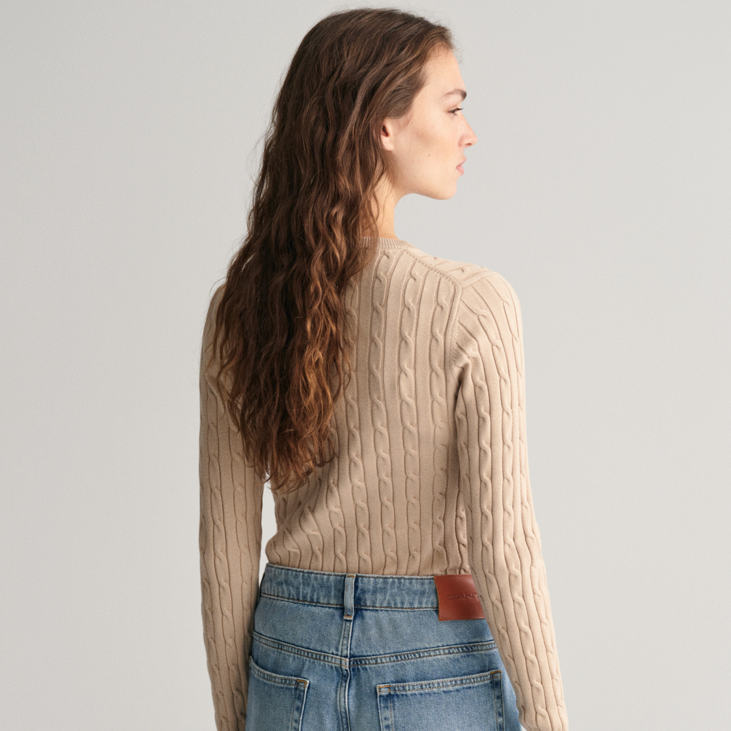 Stretch Cotton Cable Crew Neck Dry Sand