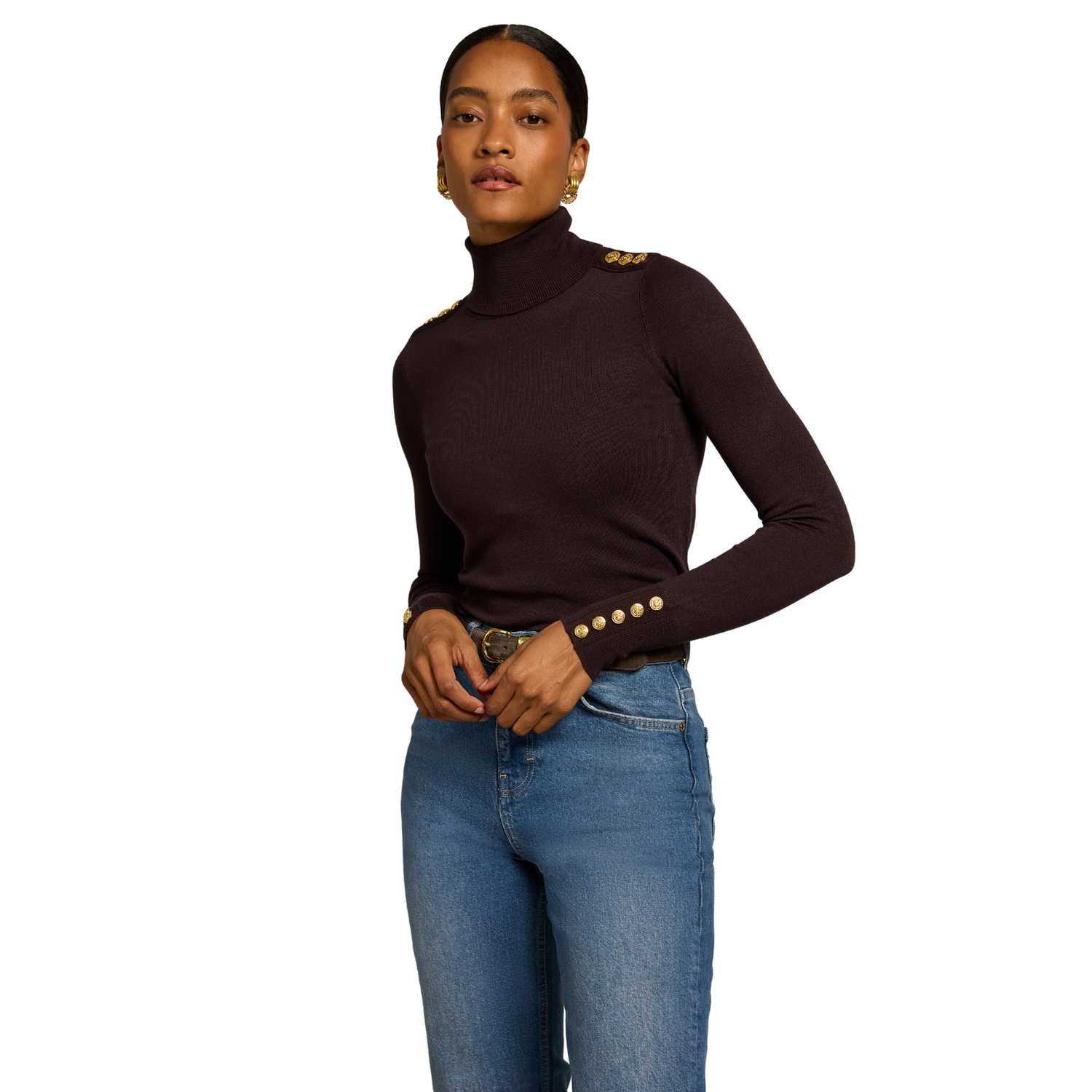 Buttoned Knit Roll Neck Chocolate