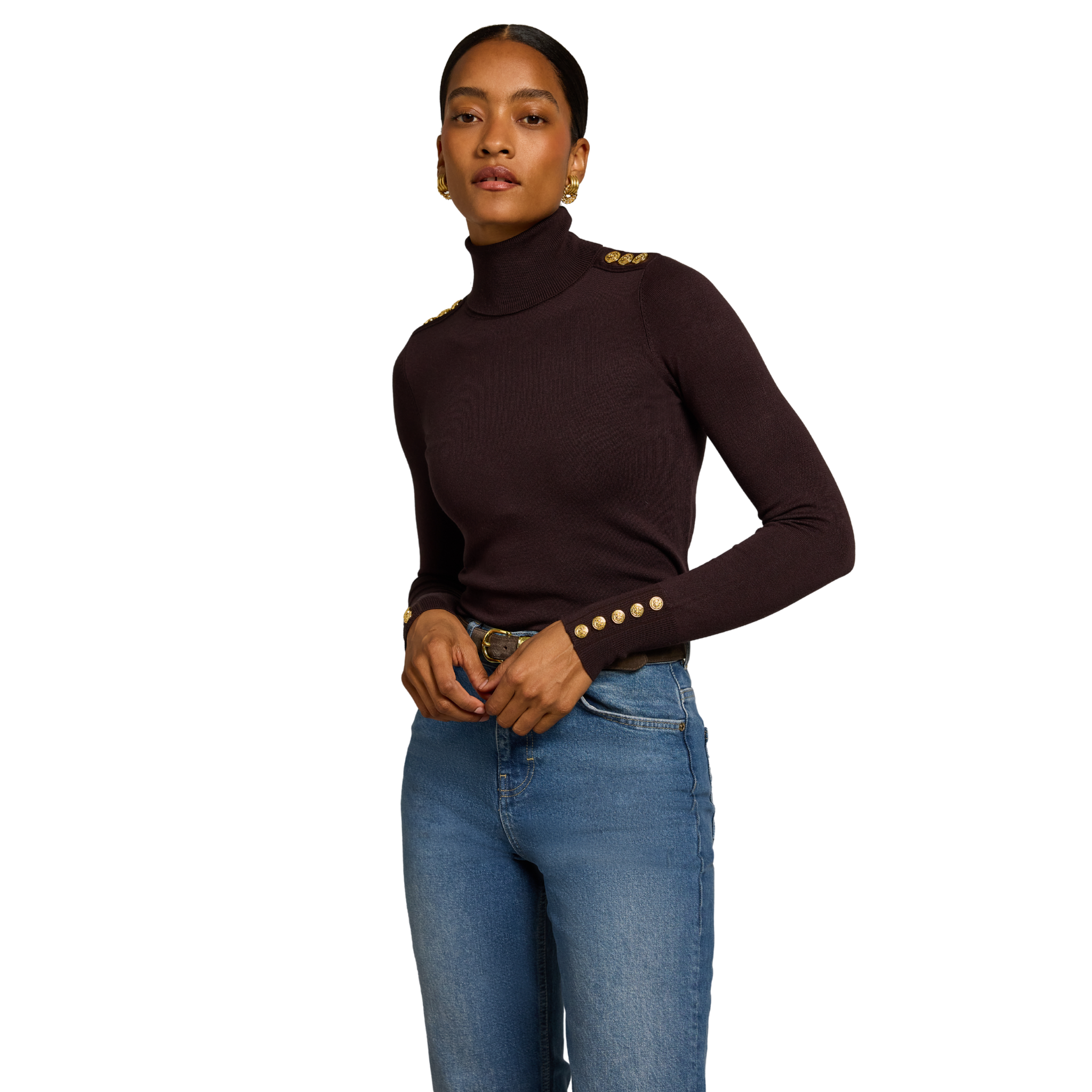 Buttoned Knit Roll Neck Chocolate