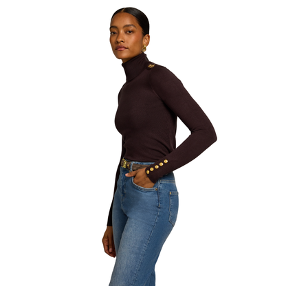 Buttoned Knit Roll Neck Chocolate