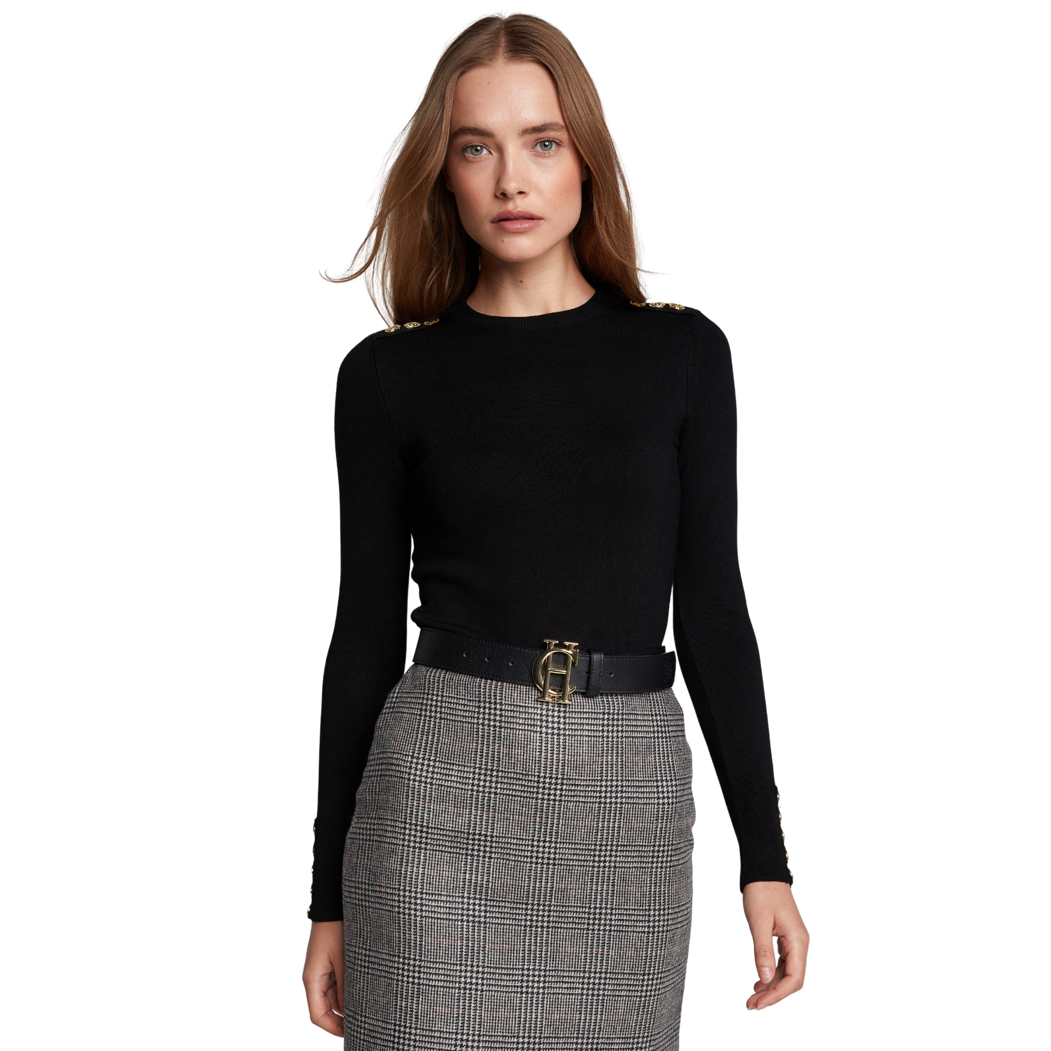 Buttoned Knit Crew Neck Black