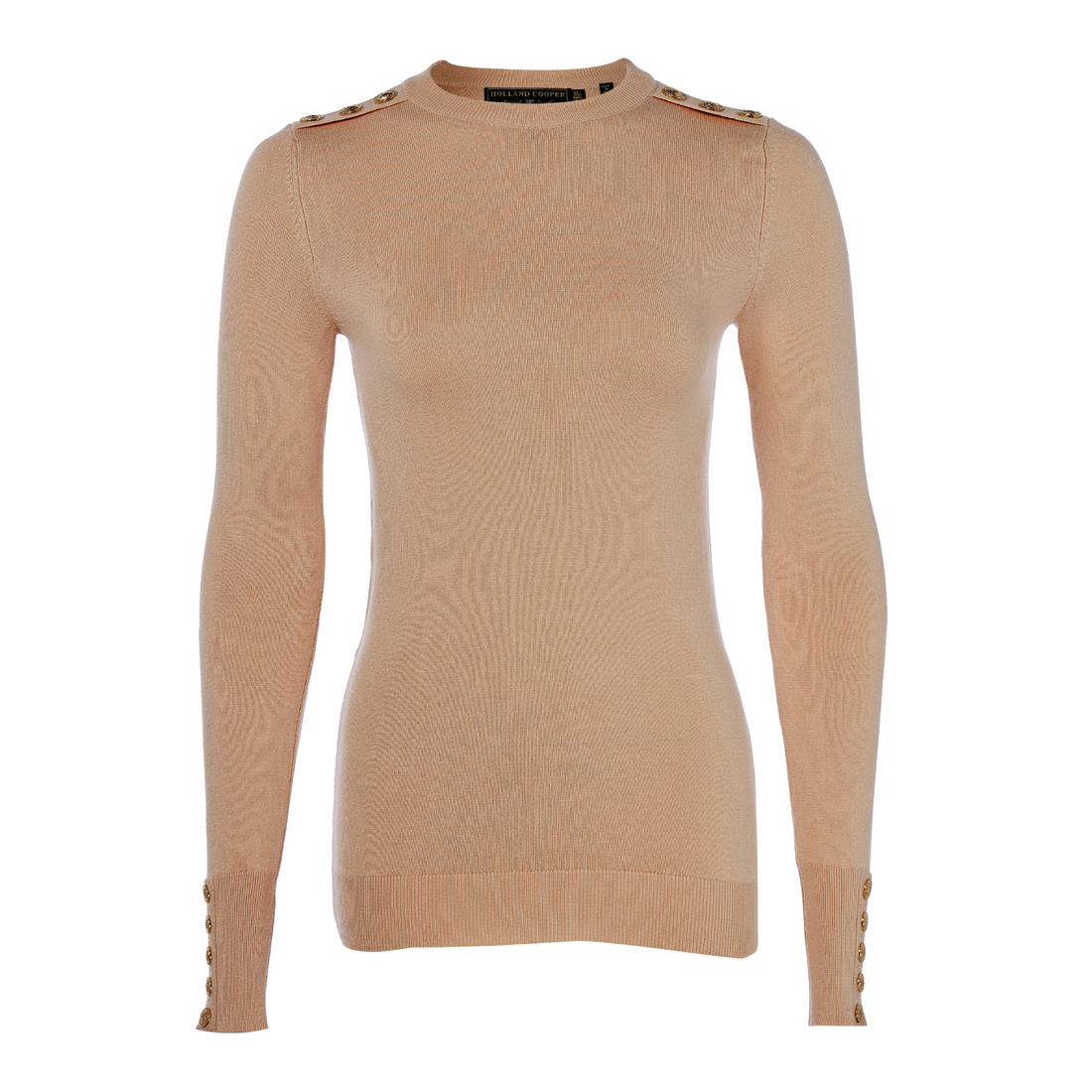 Buttoned Knit Crew Neck Dark Camel