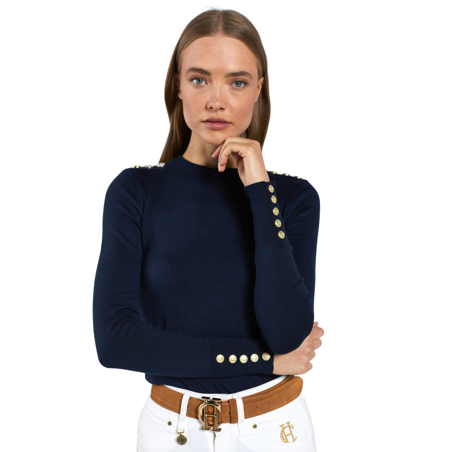 Buttoned Knit Crew Neck Ink Navy