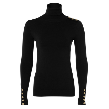 Buttoned Knit Roll Neck Black