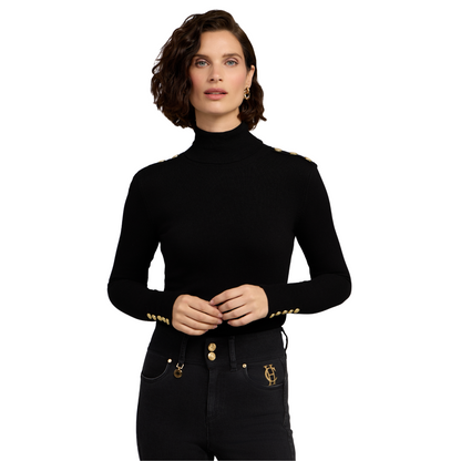 Buttoned Knit Roll Neck Black