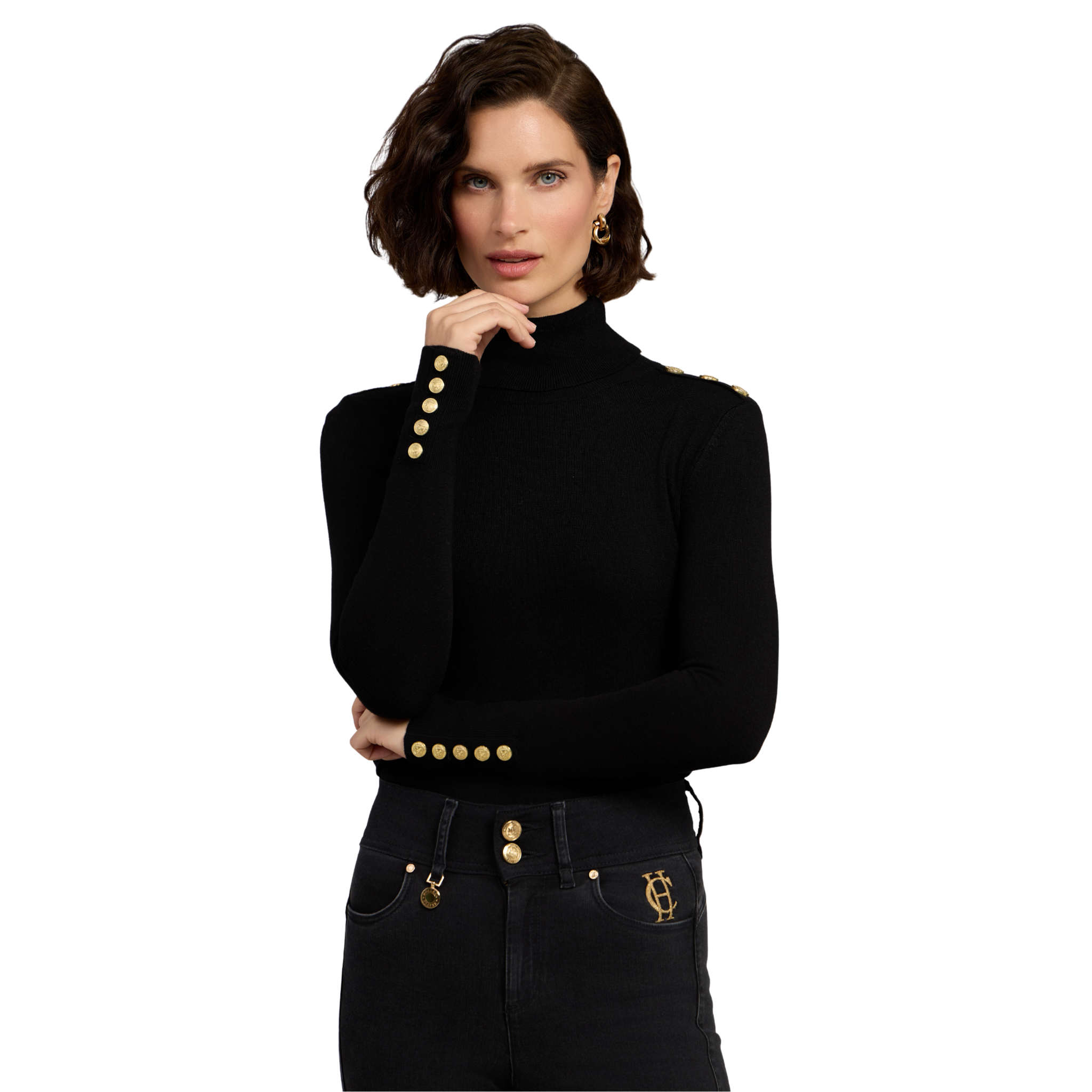 Buttoned Knit Roll Neck Black
