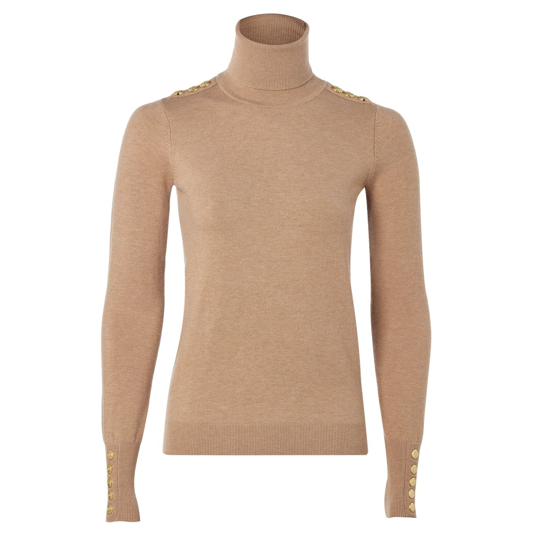 Buttoned Knit Roll Neck Dark Camel