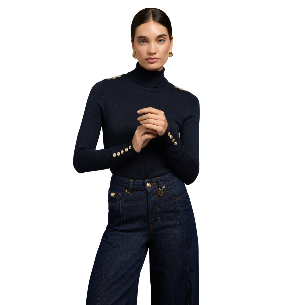 Buttoned Knit Roll Neck Ink Navy