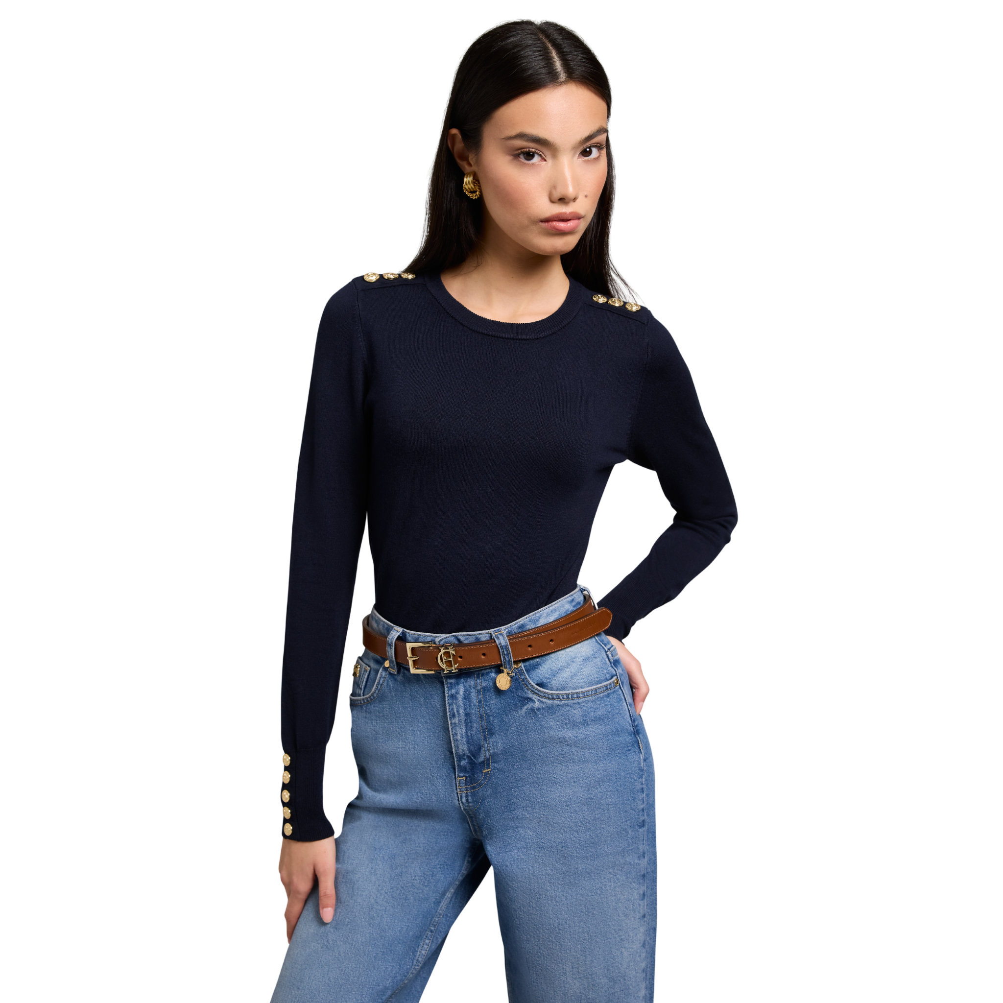 Buttoned Knit Crew Neck Ink Navy