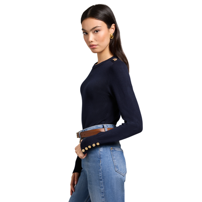 Buttoned Knit Crew Neck Ink Navy