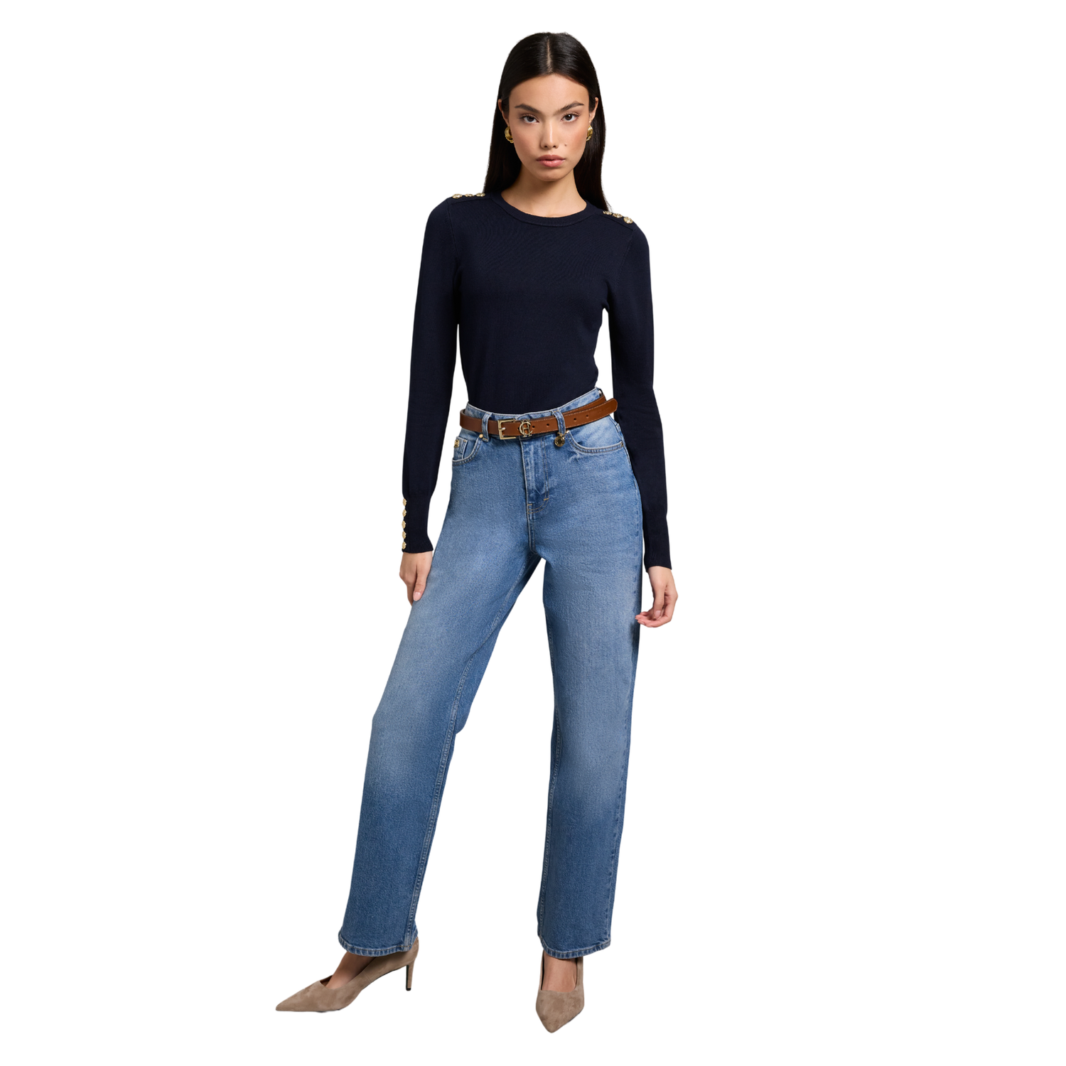 Buttoned Knit Crew Neck Ink Navy