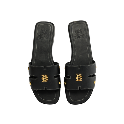Heraldic Monogram Slides Black Saffiano