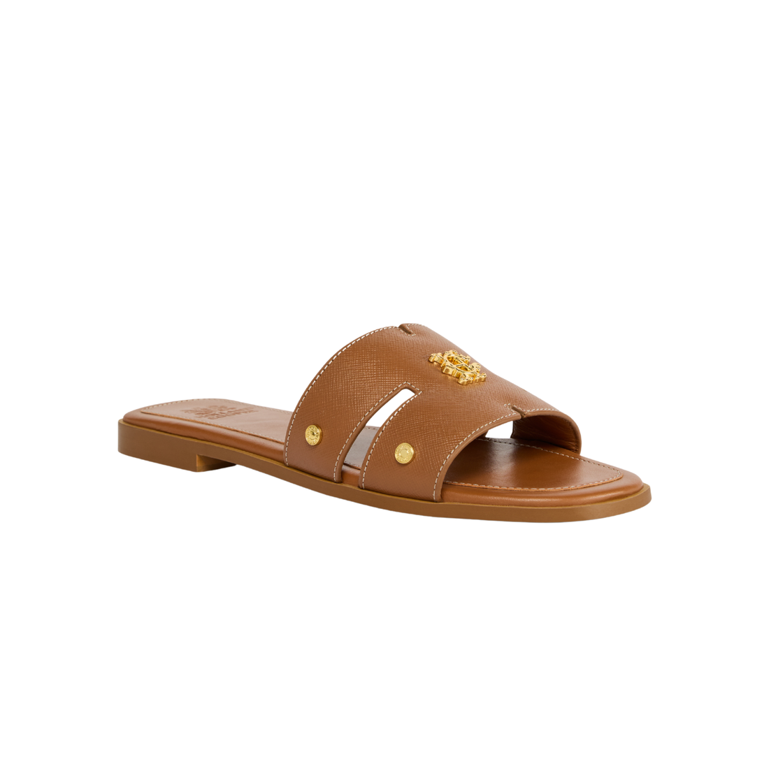 Heraldic Monogram Slides Tan Saffiano