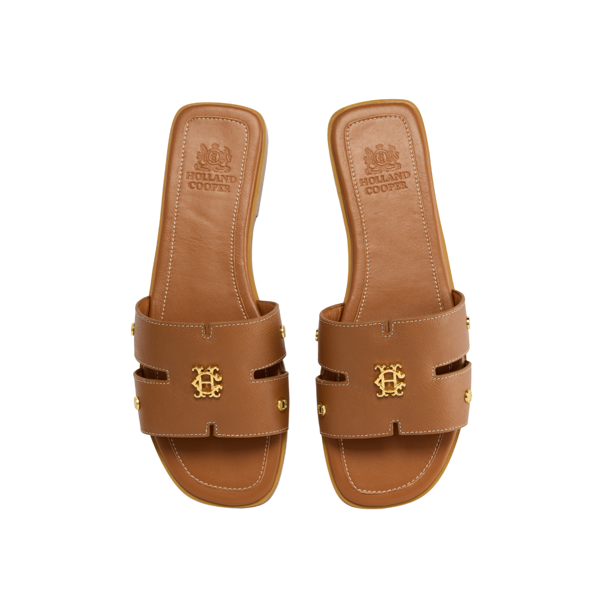 Heraldic Monogram Slides Tan Saffiano