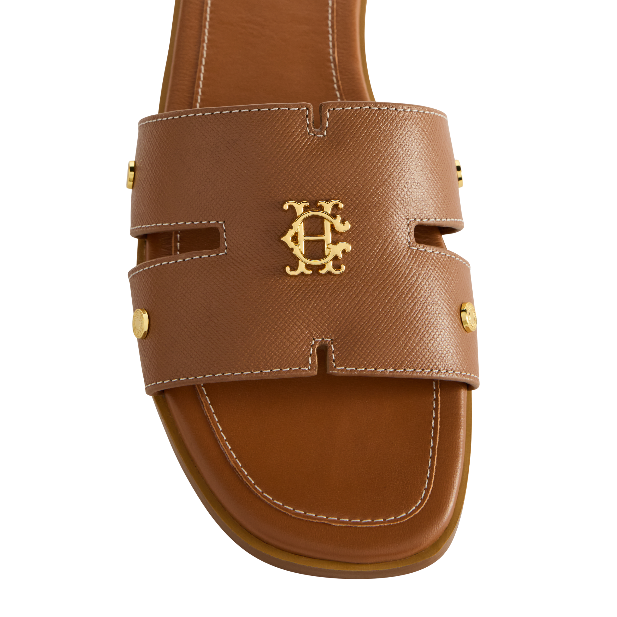 Heraldic Monogram Slides Tan Saffiano