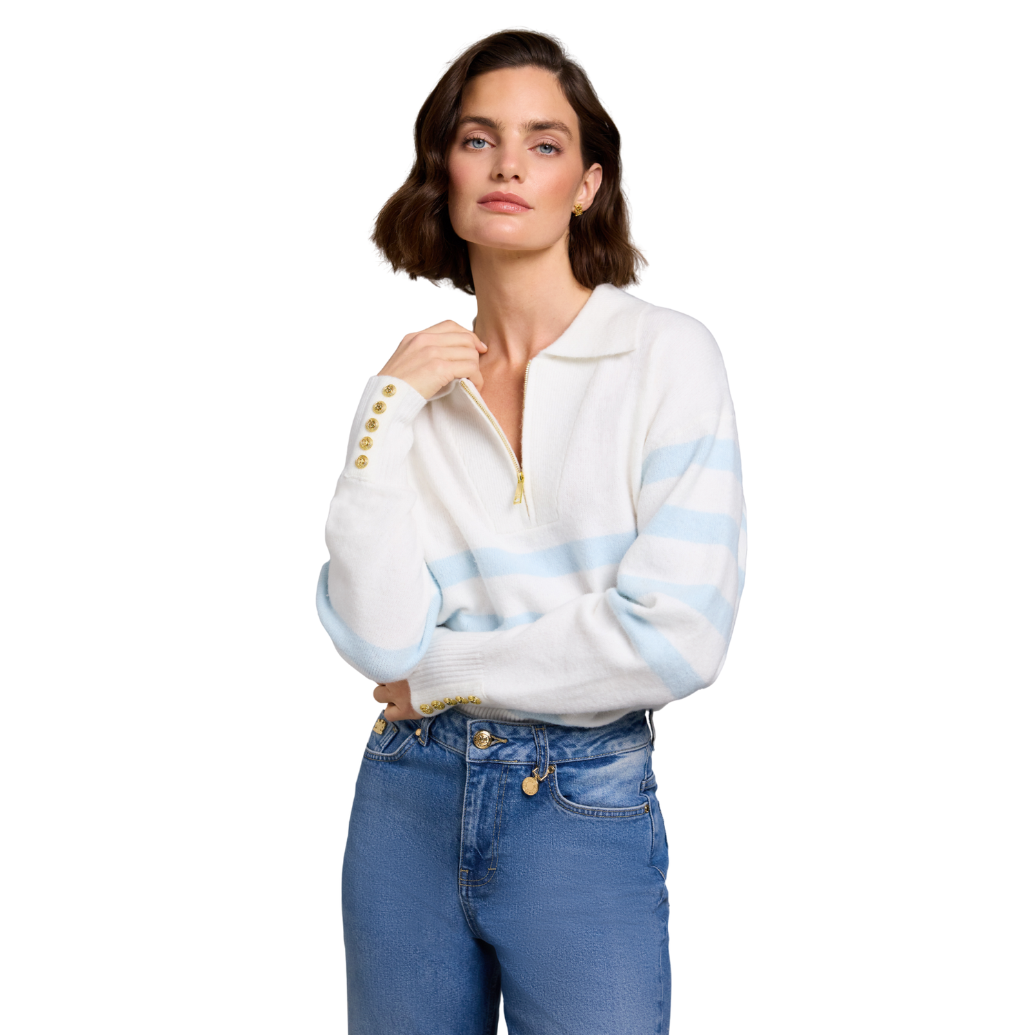 Lydia Quarter Zip Knit Natural Powder Blue