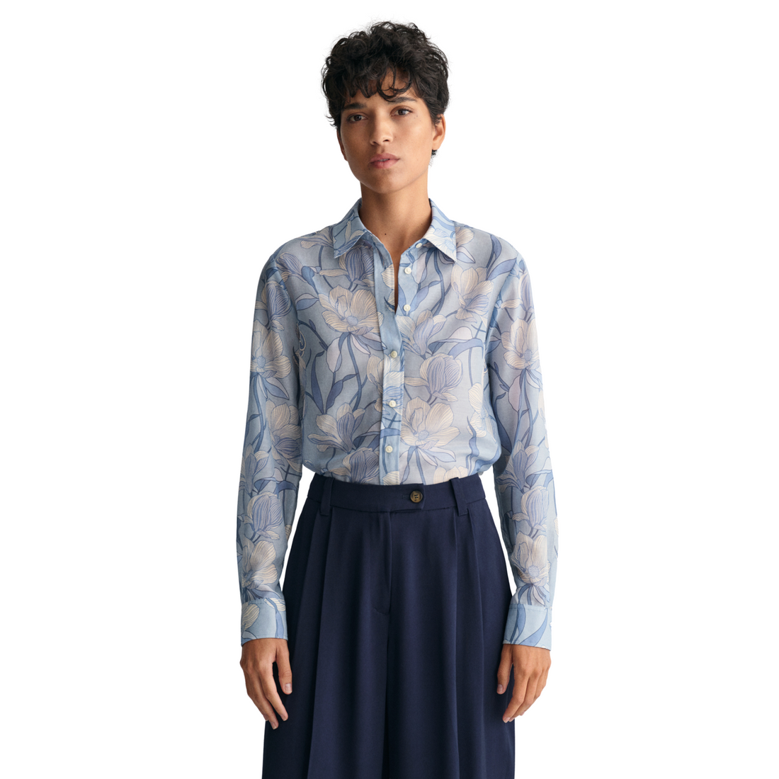 Magnolia Print Cotton Silk Shirt Dove Blue