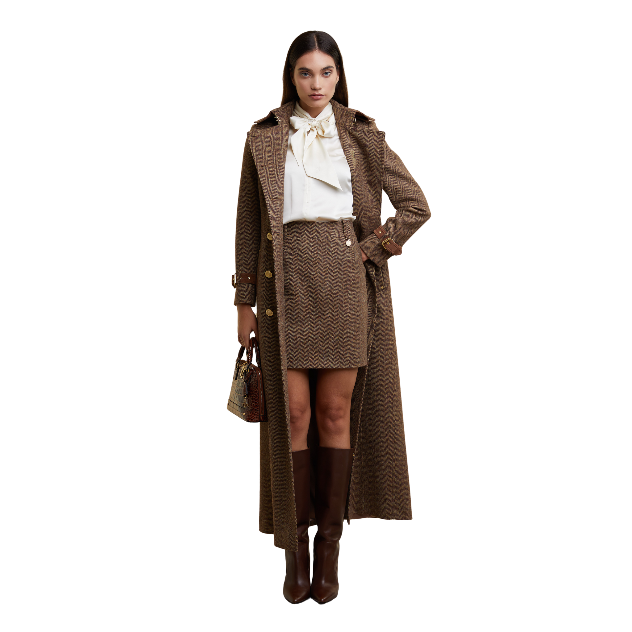 Full Length Marlborough Trench Coat Large Scale Brown Herringbone