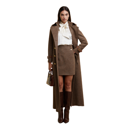 Full Length Marlborough Trench Coat Large Scale Brown Herringbone