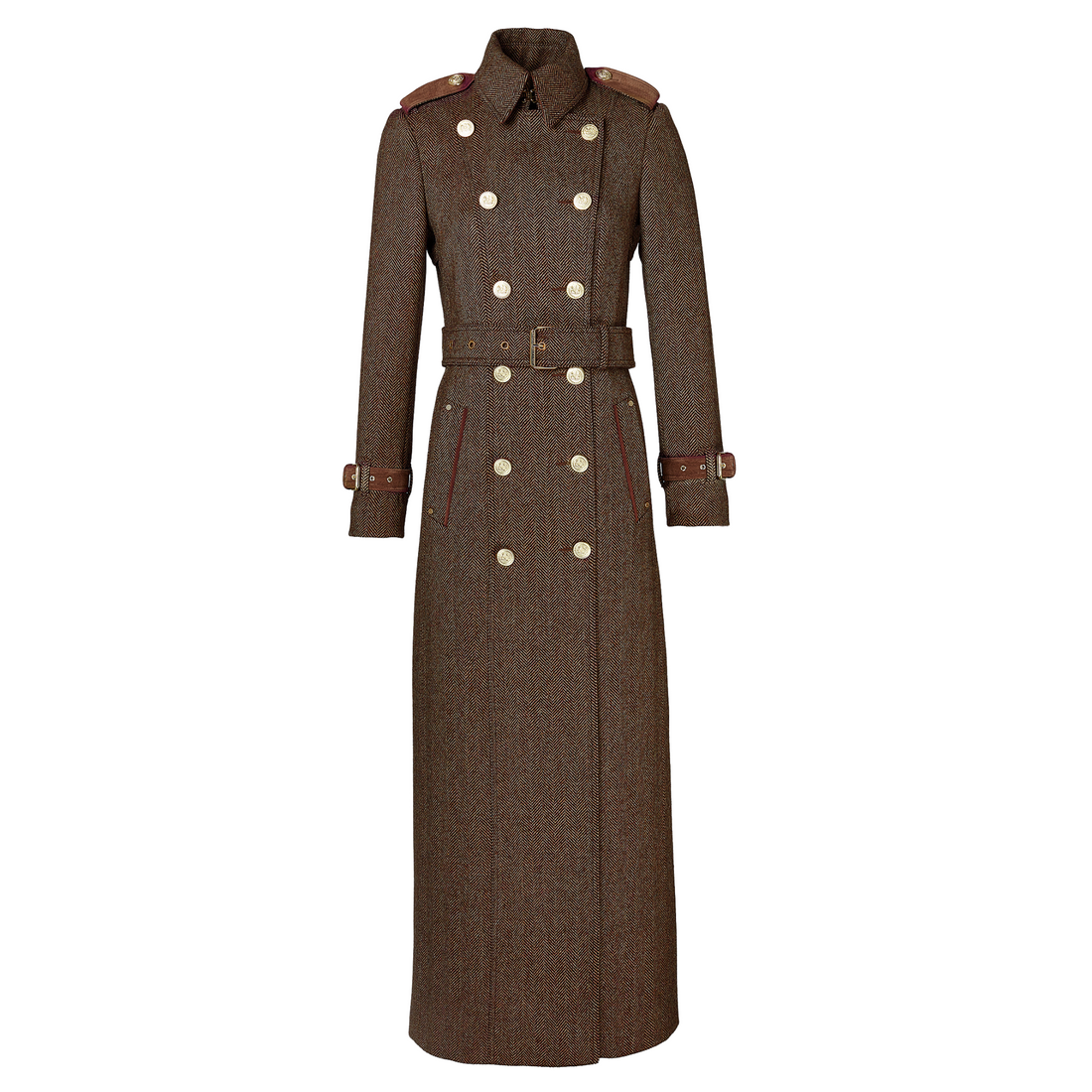 Full Length Marlborough Trench Coat Large Scale Brown Herringbone