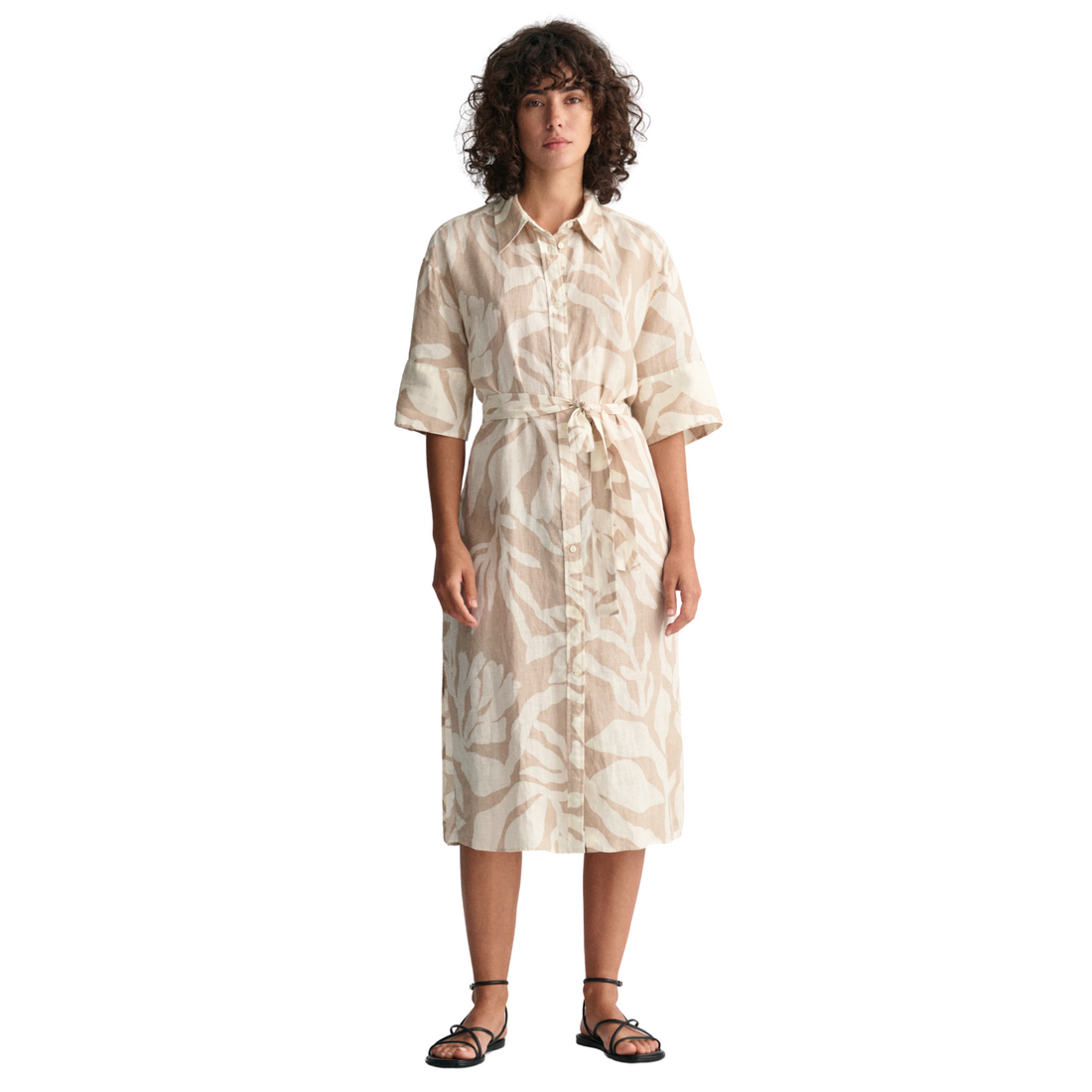 Palm Print Linen Short Sleeve Shirt Dress Dry Sand