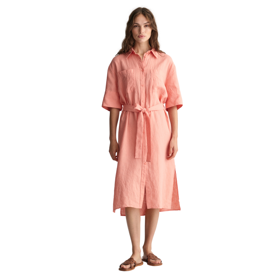 Linen Short Sleeve Shirt Dress Peachy Pink