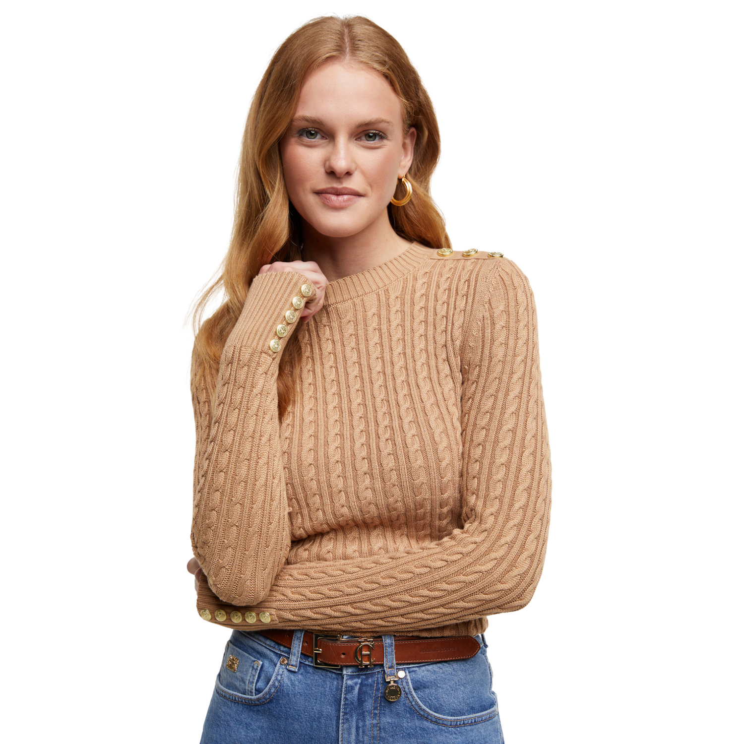 Seattle Cable Crew Knit Dark Camel
