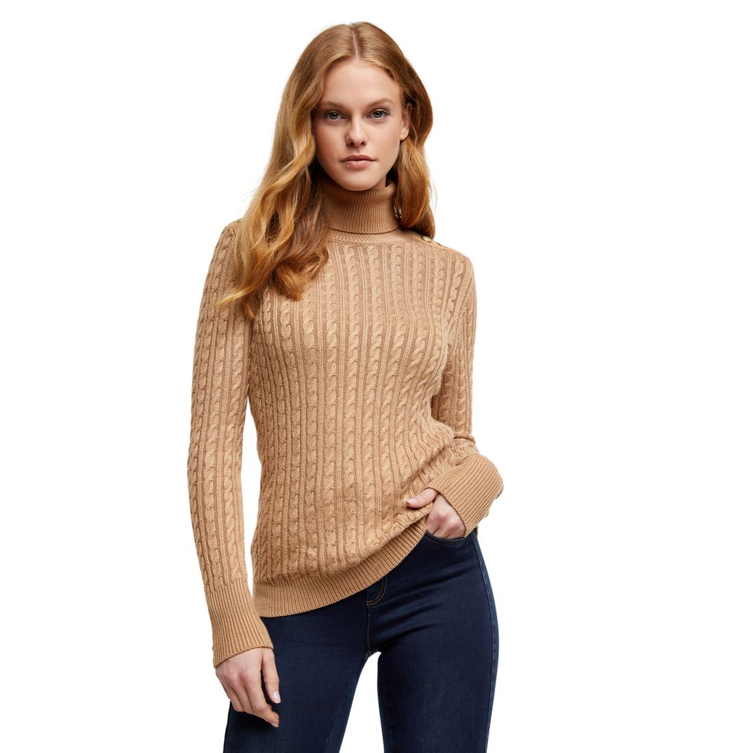 Seattle Roll Neck Cable Knit Dark Camel