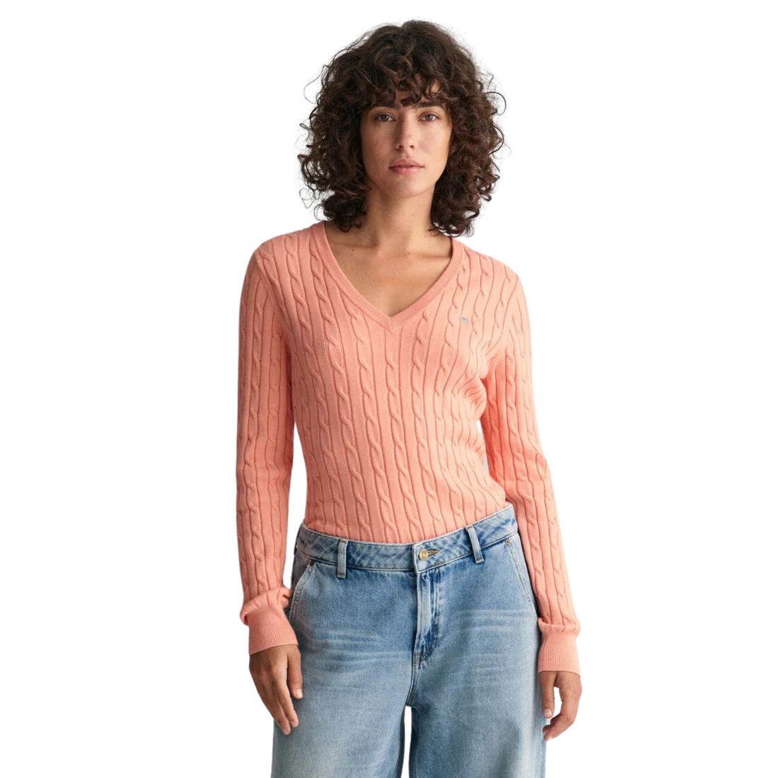 Stretch Cotton Cable Vee Neck Peachy Pink