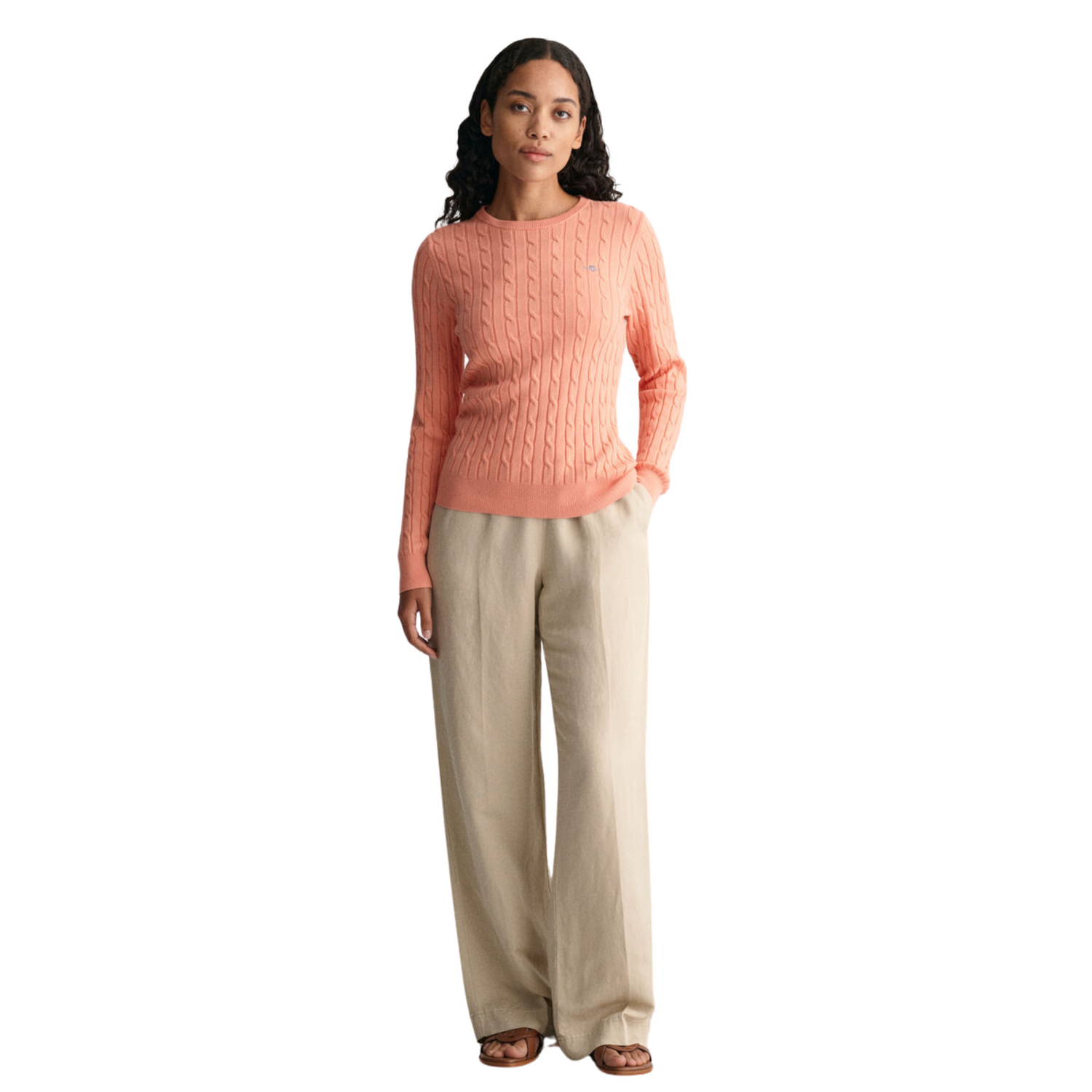 Stretch Cotton Cable Crew Neck Peachy Pink